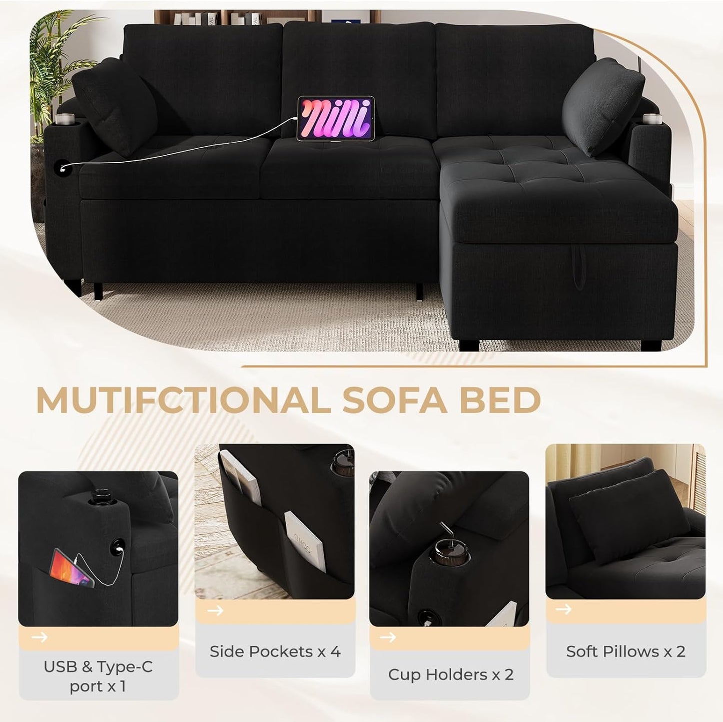 YODOLLA L-Shaped Sleeper Sofa, Pullout Bed, USB & Storage, Black