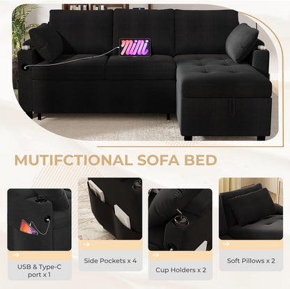 YODOLLA L-Shaped Sleeper Sofa, Pullout Bed, USB & Storage, Black