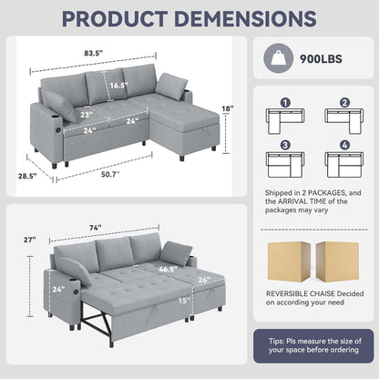 YODOLLA L-Shaped Sleeper Sofa, Pullout Bed, USB & Storage, Grey