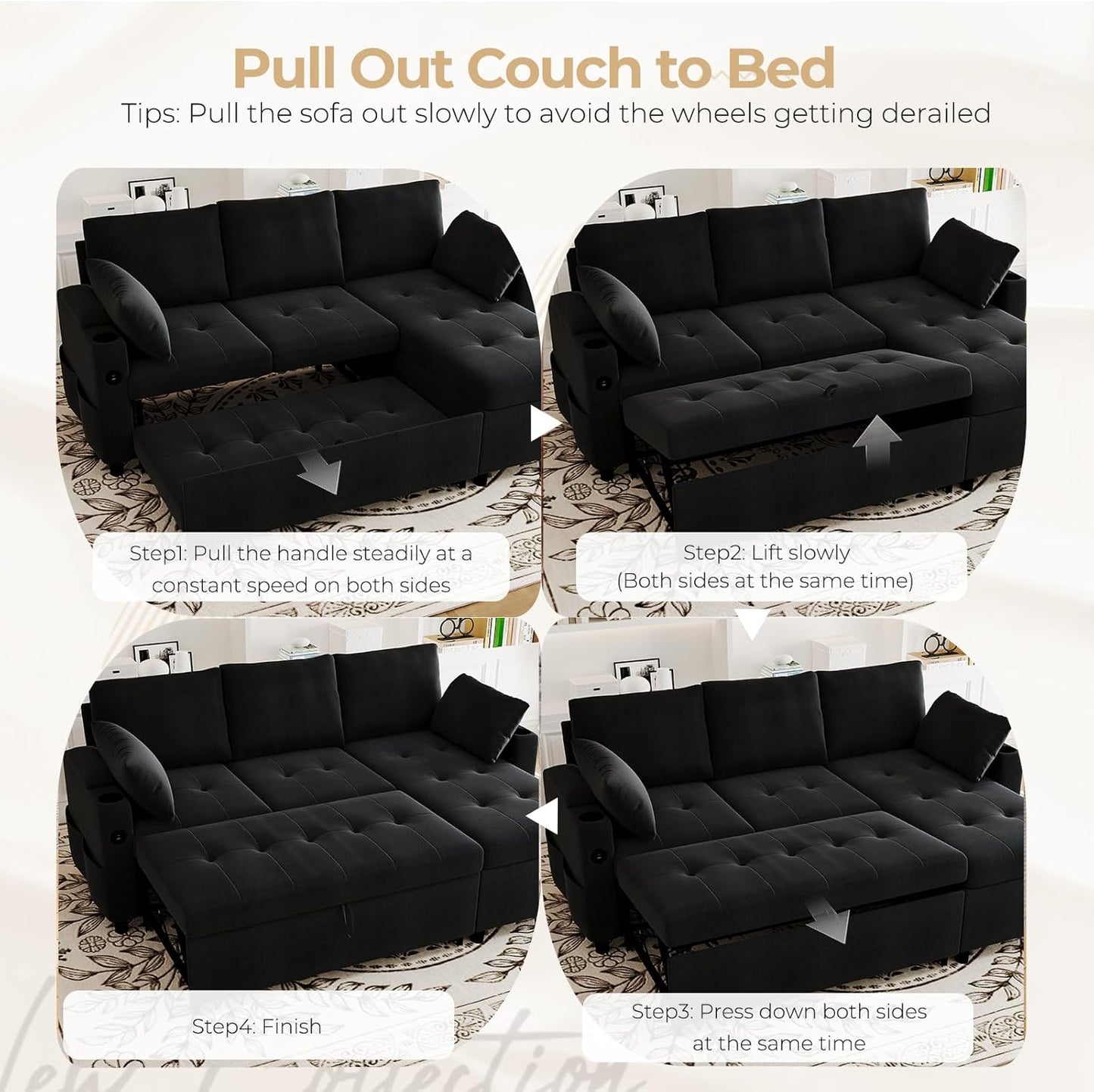 YODOLLA L-Shaped Sleeper Sofa, Pullout Bed, USB & Storage, Black