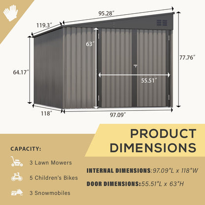 YODOLLA 8x10 Lean-to Shed, Outdoor Storage Shed, Gray