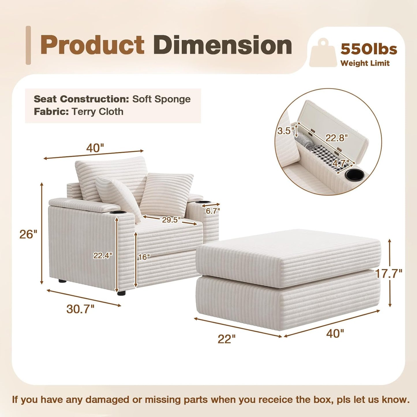 YODOLLA Oversized Chaise Lounge Chair, Lounge Chair Indoor with Ottoman, Beige