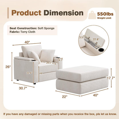 YODOLLA Oversized Chaise Lounge Chair, Lounge Chair Indoor with Ottoman, Beige