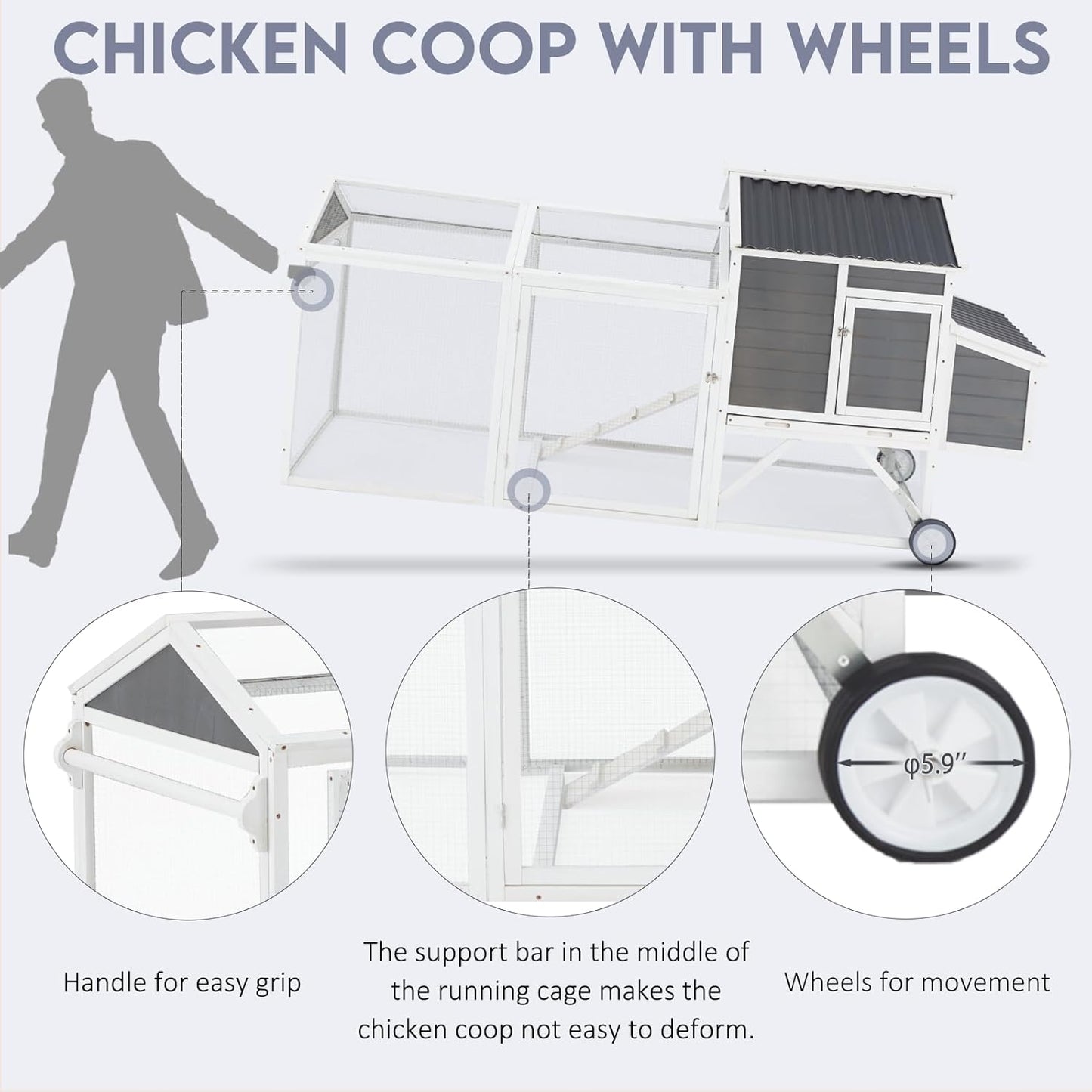 YODOLLA 95“ Wooden Chicken Coop Chicken Tractor Hen House, Natural Wood