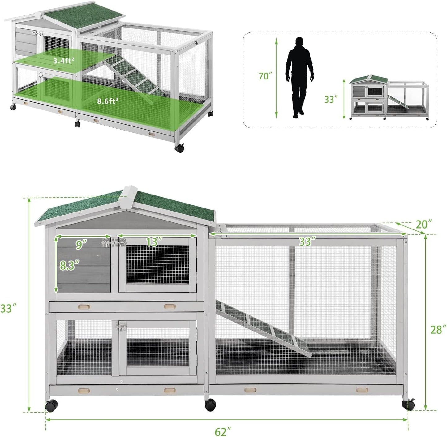 YODOLLA 61.5'' Wooden Rabbit Hutch Two Story Bunny Cage