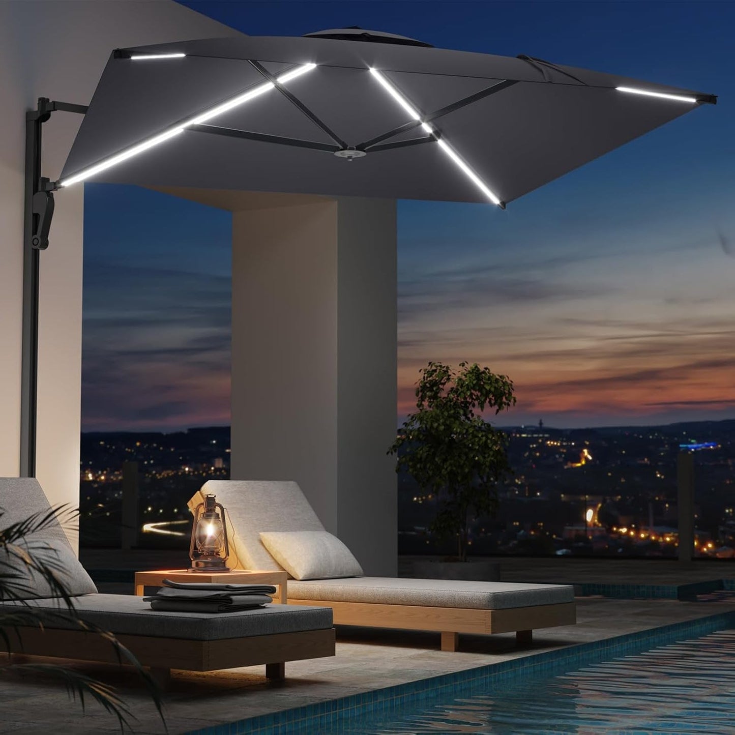 YODOLLA 10ft Solar LED Cantilever Patio Umbrella, Rectangular Wall Mounted Outdoor Large Offset Umbrellas