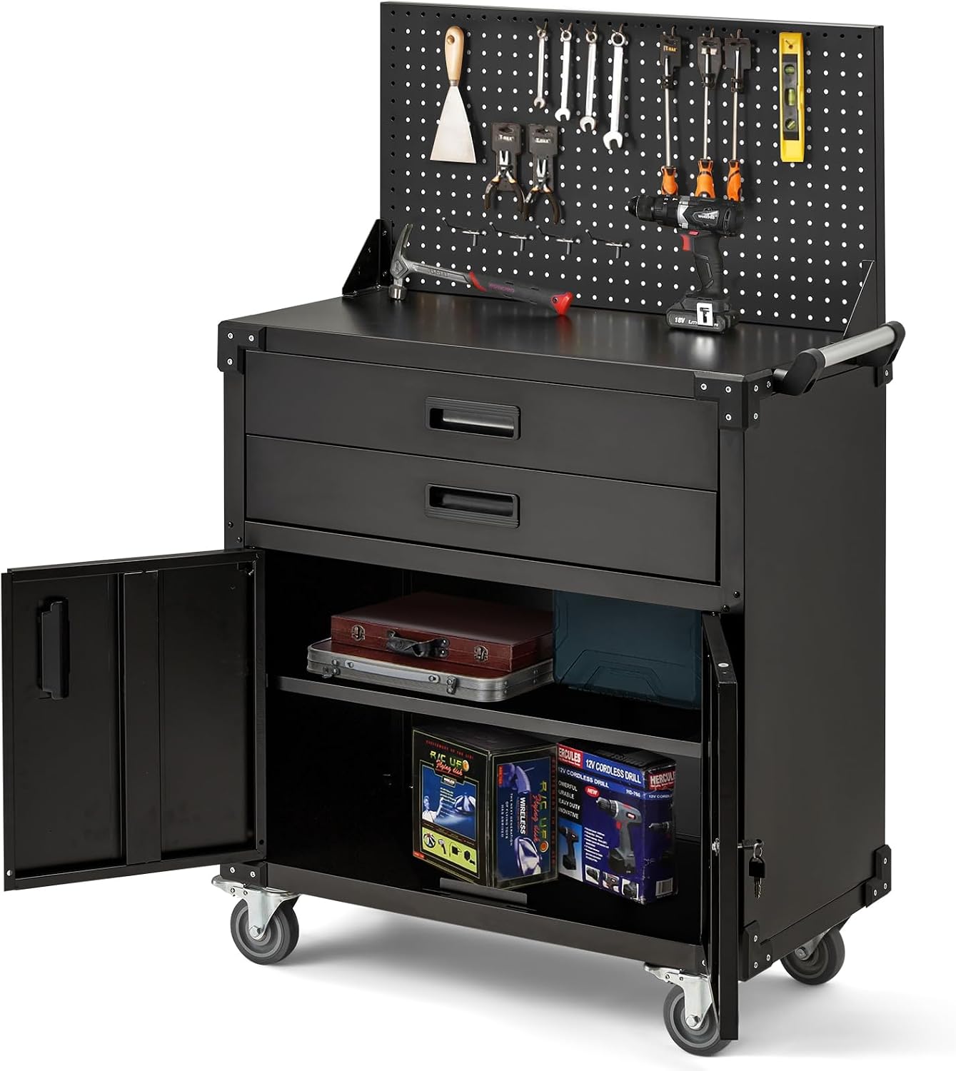 YODOLLA 52'' Work Bench Table for Garage with Pegboard Drawers and Cabinets