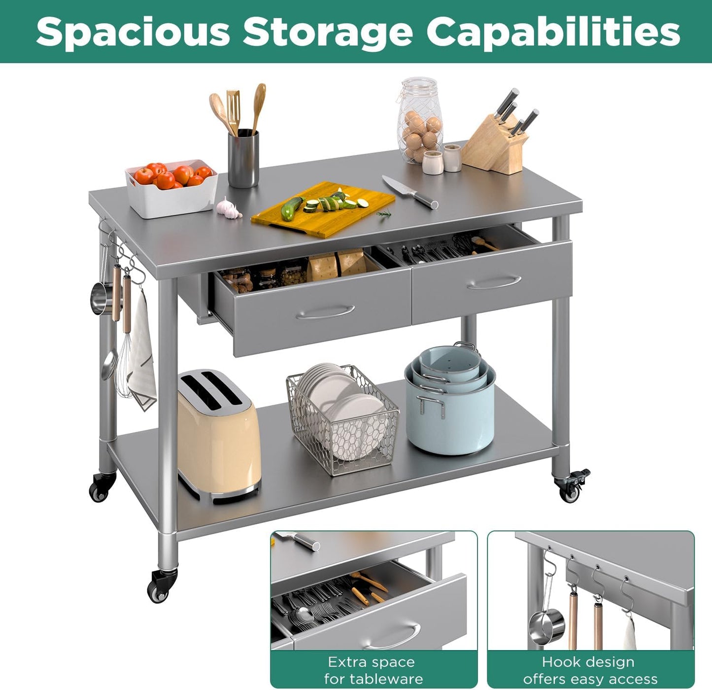 YODOLLA 48"x24" Stainless Steel Work Table with 2 Drawers