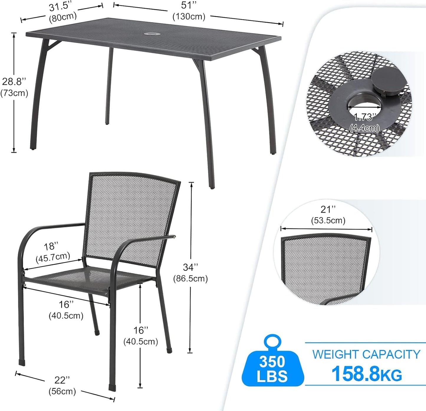 YODOLLA 51"x31" Outdoor Patio Dinning Table for 6 with 1.73" Umbrella Hole