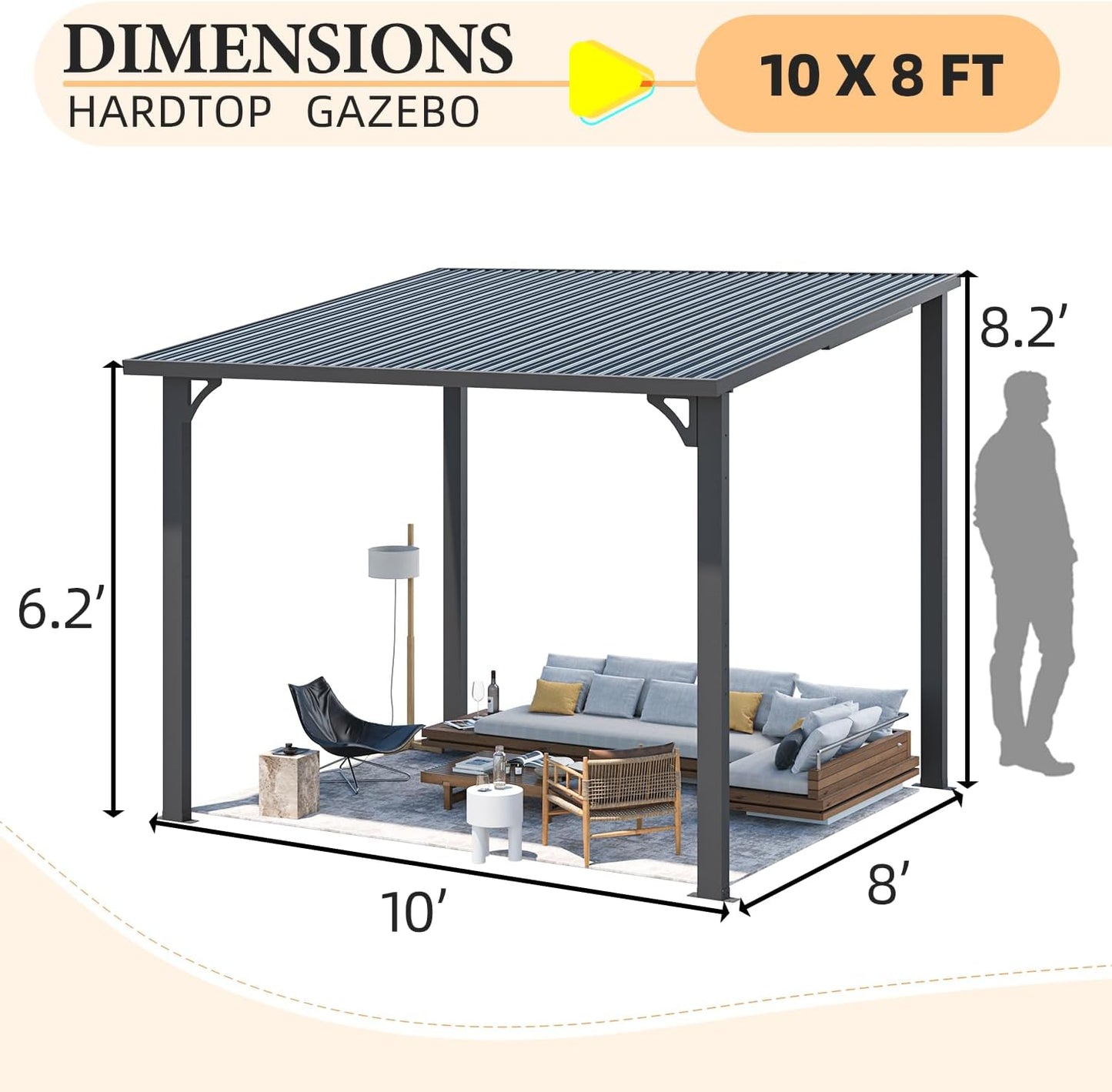 YODOLLA Pergola 10'x8' Hardtop Wall-Mounted Lean to Gazebo for Patio, Dark Grey
