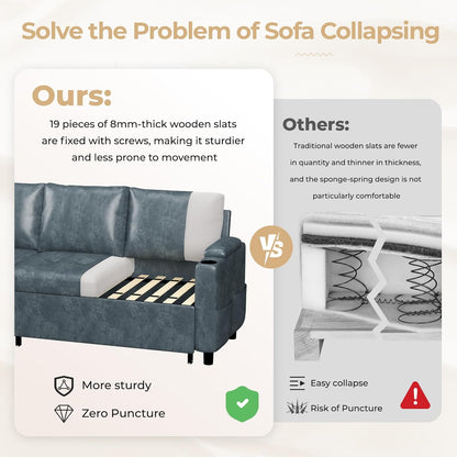 YODOLLA Faux Leather L-Shaped Sleeper Sofa, Pullout Bed, USB & Storage, Blue