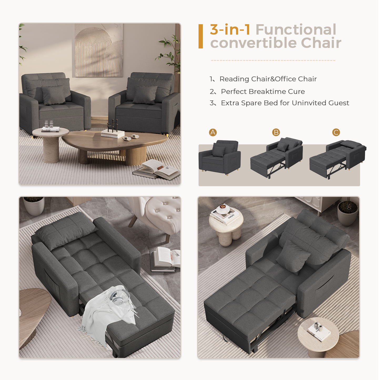 YODOLLA Sleeper Chair, 3-1 Convertible Chair Bed Pull Out Single Sofa Bed, Modern Grey