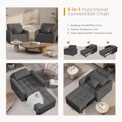 YODOLLA Sleeper Chair, 3-1 Convertible Chair Bed Pull Out Single Sofa Bed, Modern Grey