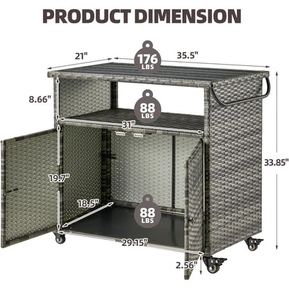 YODOLLA Outdoor Bar Cart with Storage Cabinet, Rattan Bar Table on Wheels