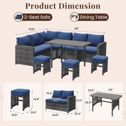 YODOLLA 7-Pc Patio Set, Grey Rattan & Blue Cushion