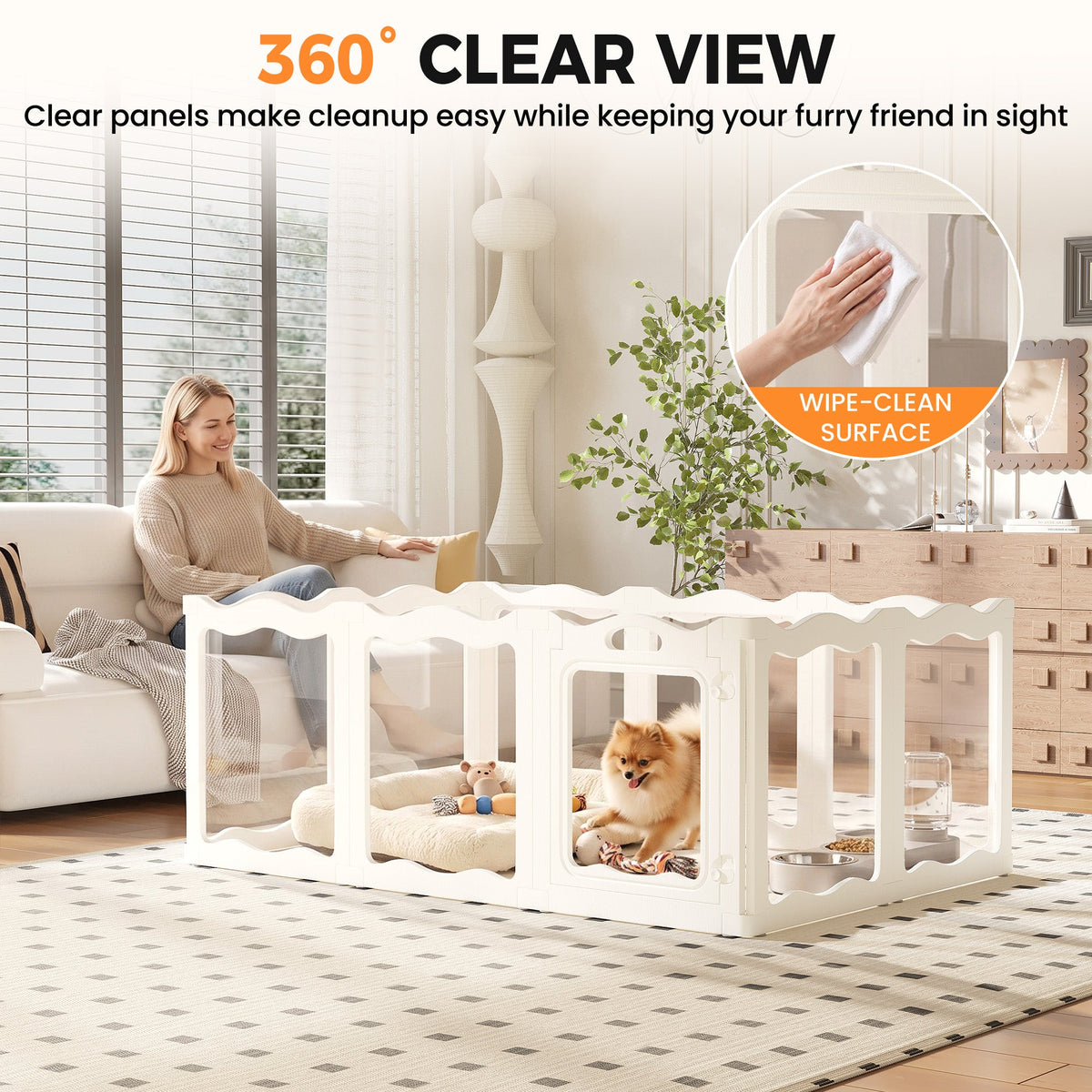 YODOLLA Pet Clear Acrylic Dog Playpen Indoor w/Door, 24" H, 10 Panels, White