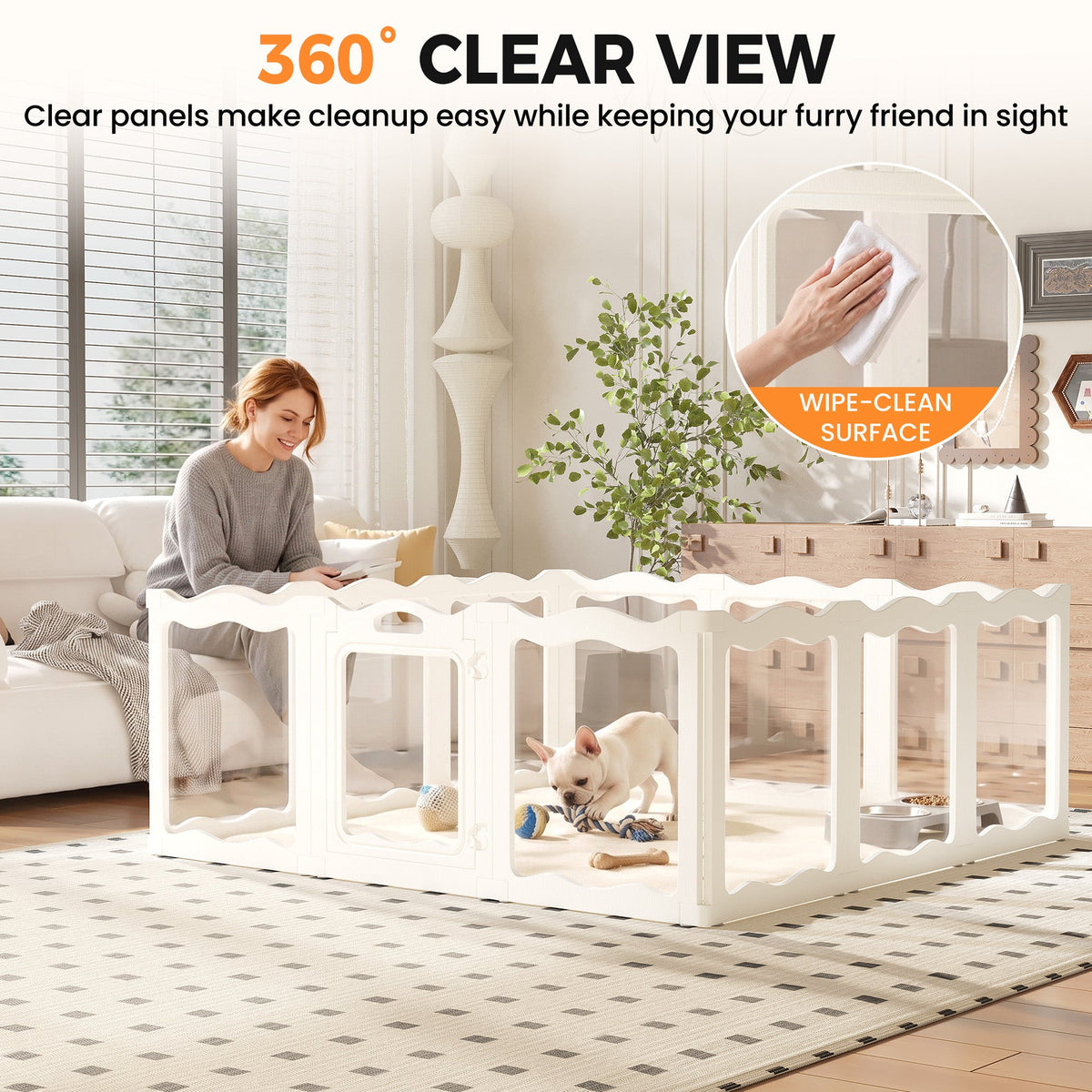 YODOLLA Pet Clear Acrylic Dog Playpen Indoor w/Door, 24" H, 12 Panels, White