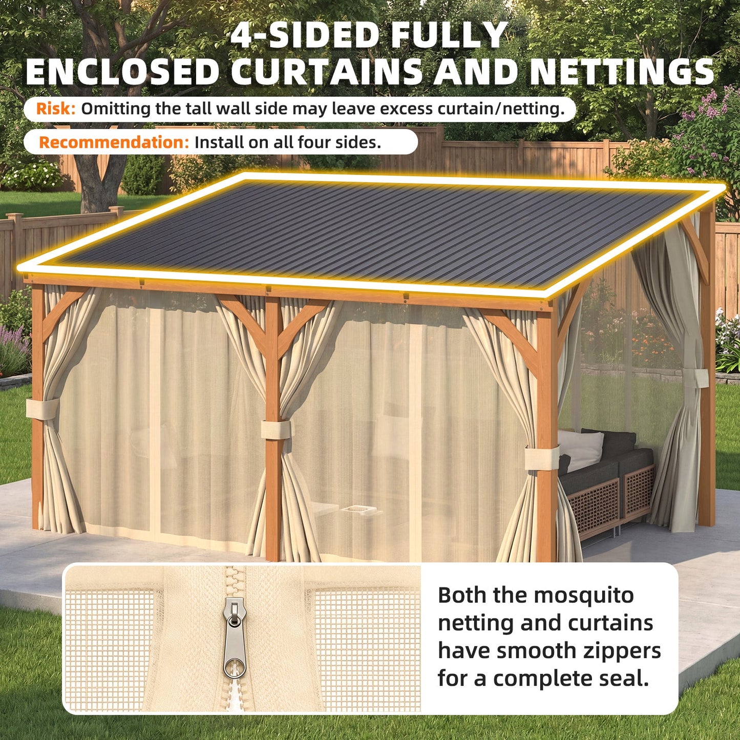 YODOLLA 10x10 Outdoor Wooden Pergola Gazebo with Curtains and Netting for Patio