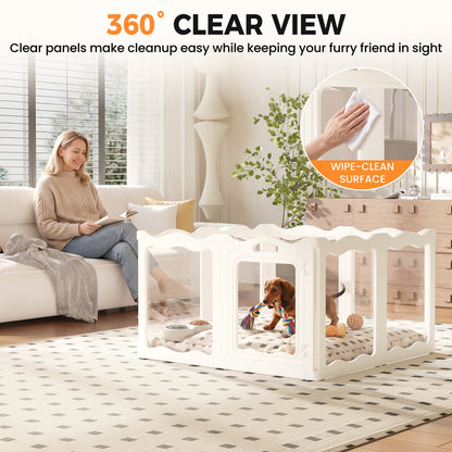 YODOLLA Pet Clear Acrylic Dog Playpen Indoor w/Door, 24" H, 8 Panels, White