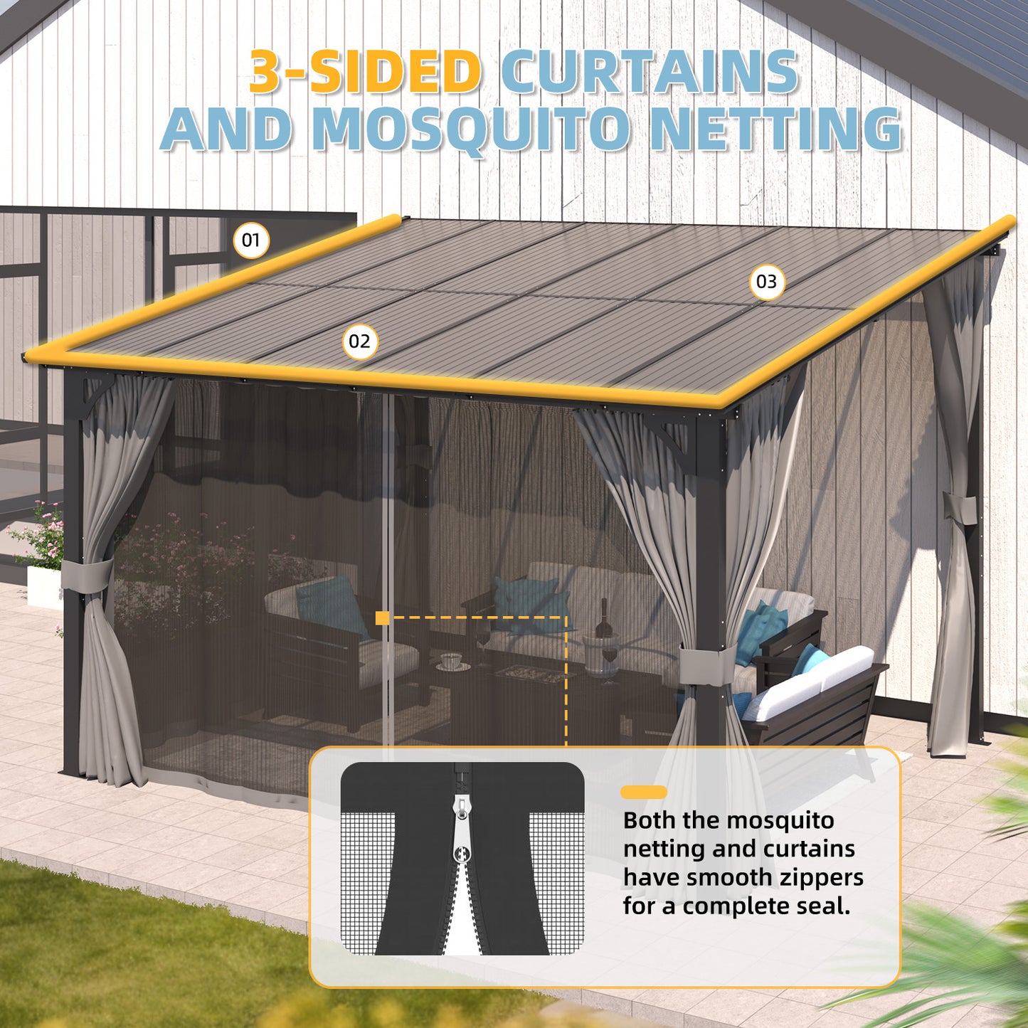 YODOLLA 12’ x 10’ Wall-Mounted Lean to Pergola Gazebo with Curtains and Netting