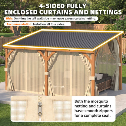 YODOLLA 10x14 Outdoor Wooden Pergola Gazebo with Curtains and Netting for Patio