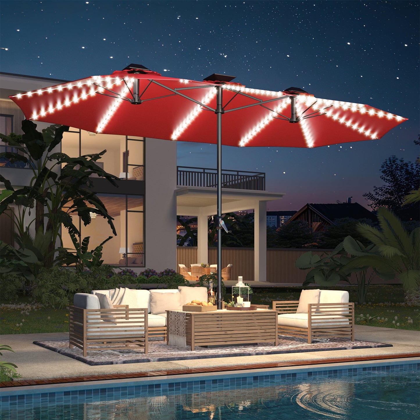 YODOLLA 15ft Patio Umbrella with Solar Lights, Red
