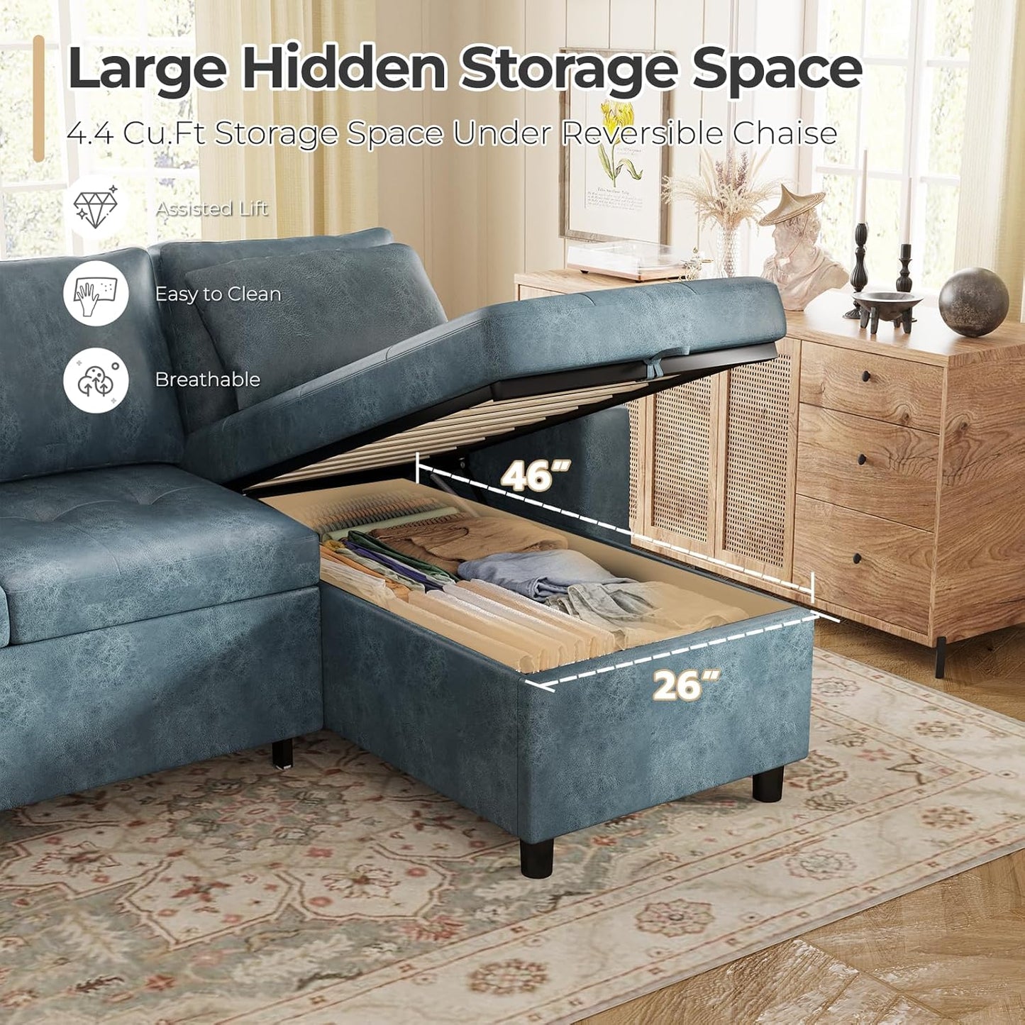 YODOLLA Faux Leather L-Shaped Sleeper Sofa, Pullout Bed, USB & Storage, Blue