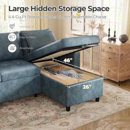 YODOLLA Faux Leather L-Shaped Sleeper Sofa, Pullout Bed, USB & Storage, Blue