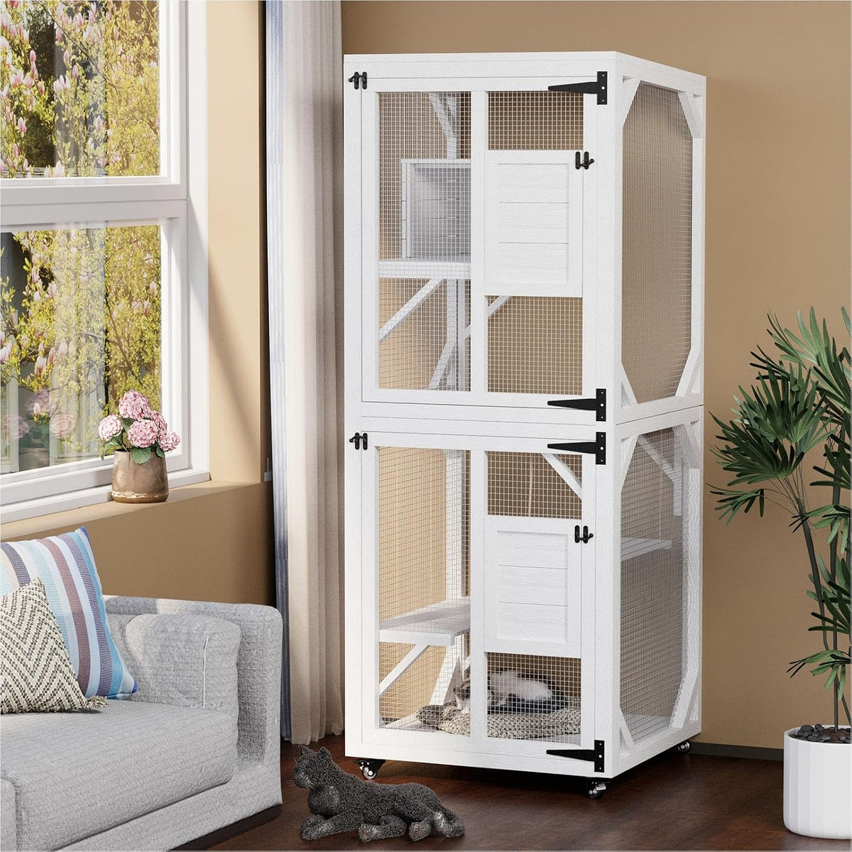 YODOLLA 60" Tall Catio Outdoor Cat Enclosure, Wooden Cat House, Natural