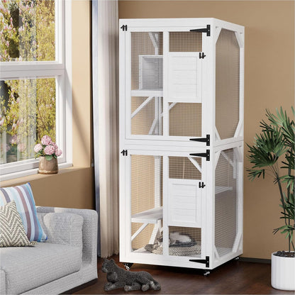 YODOLLA 60" Tall Catio Outdoor Cat Enclosure, Wooden Cat House, Natural