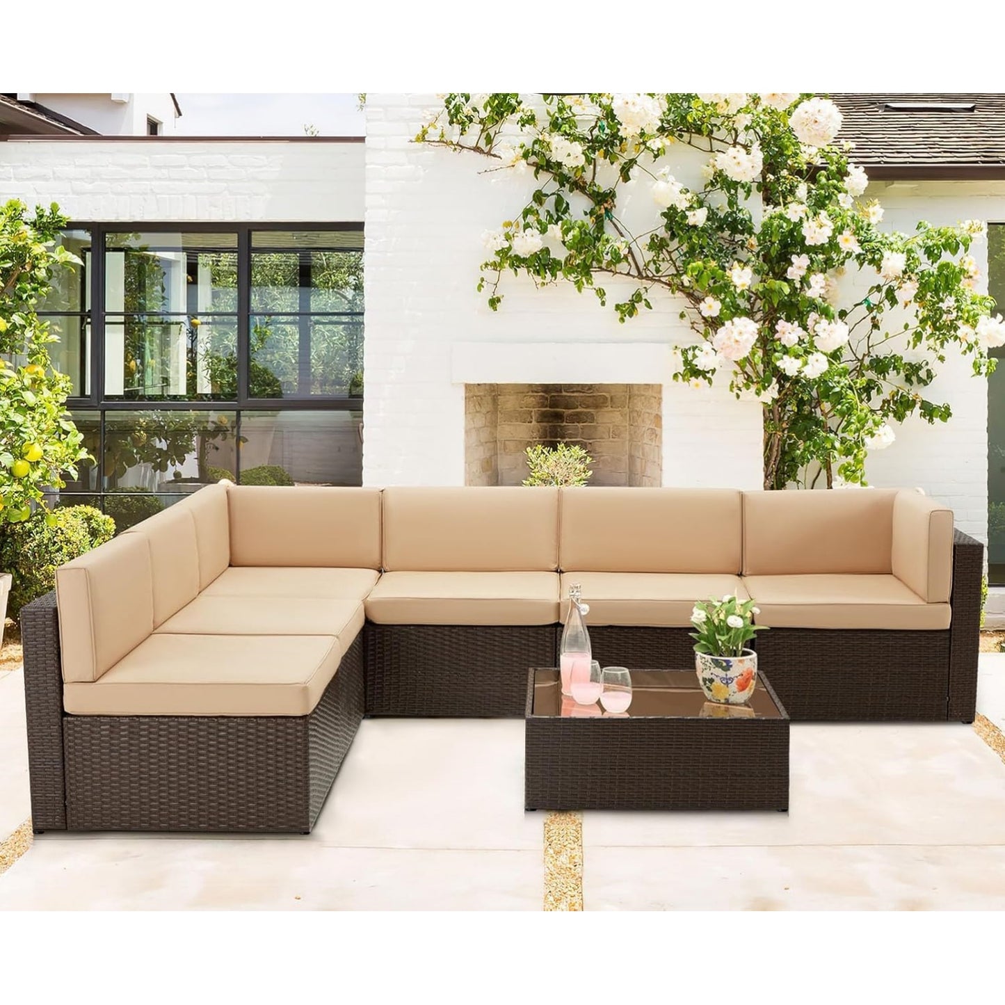 YODOLLA 8 Piece Outdoor Patio Furniture Set with Extra 43 Inch Fire Pit Table, Beige
