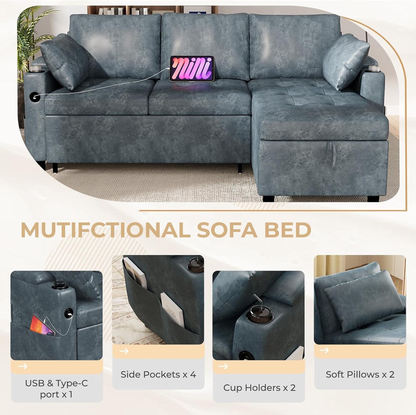 YODOLLA Faux Leather L-Shaped Sleeper Sofa, Pullout Bed, USB & Storage, Blue