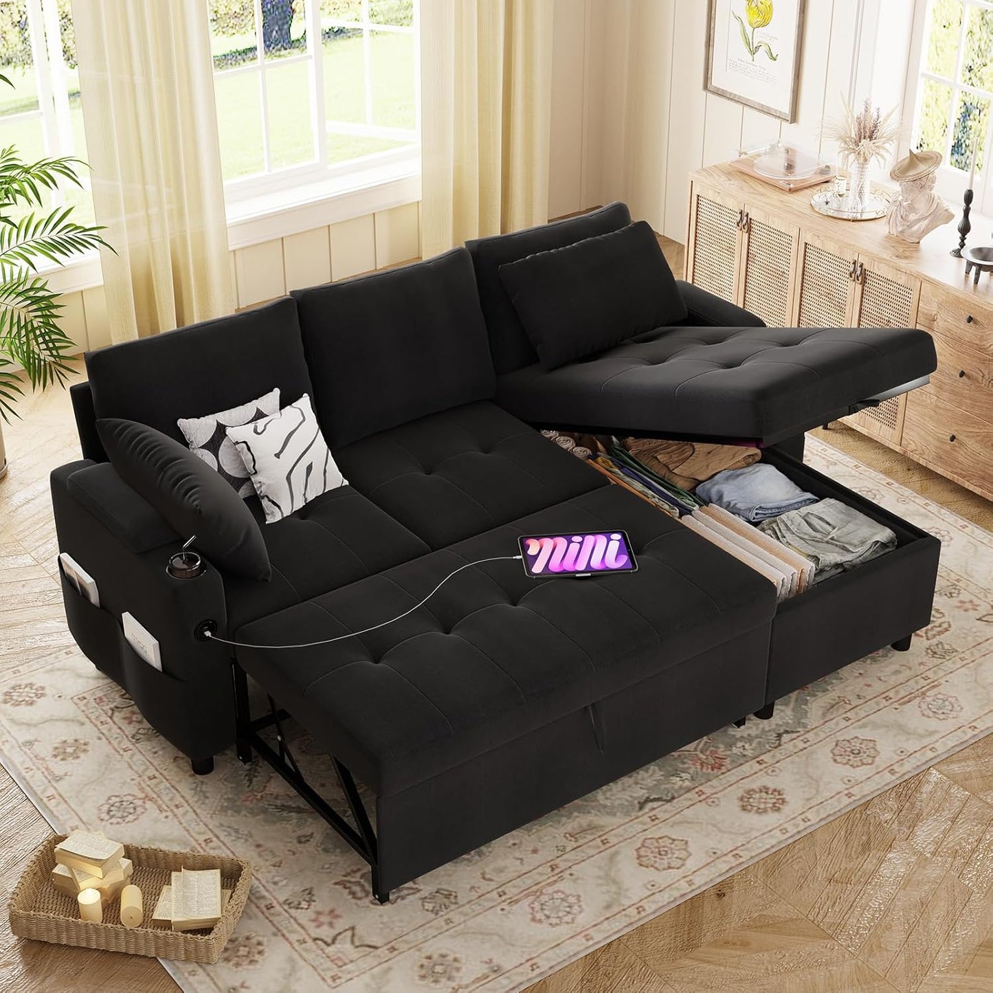 YODOLLA L-Shaped Sleeper Sofa, Pullout Bed, USB & Storage, Black