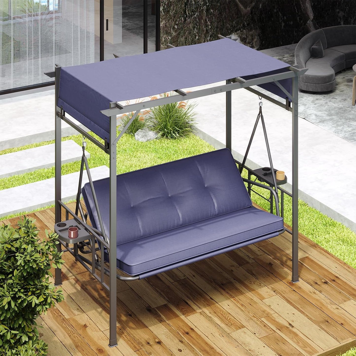 YODOLLA 2-in-1 Convertible Porch Swing Bed 3 Seat, Outdoor Patio Metal Pergola Swing