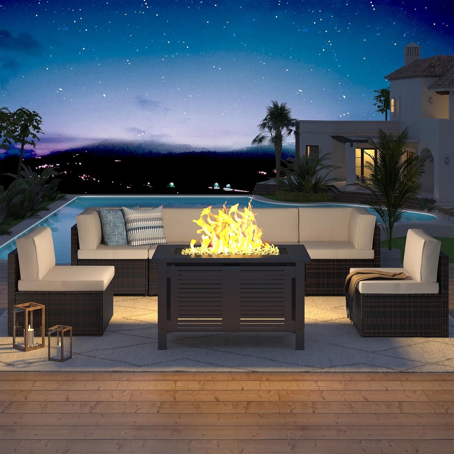 YODOLLA 8 Piece Outdoor Patio Furniture Set with Extra 43 Inch Fire Pit Table, Beige