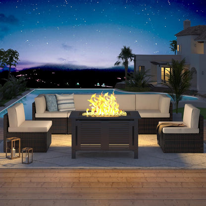 YODOLLA 8 Piece Outdoor Patio Furniture Set with Extra 43 Inch Fire Pit Table, Beige