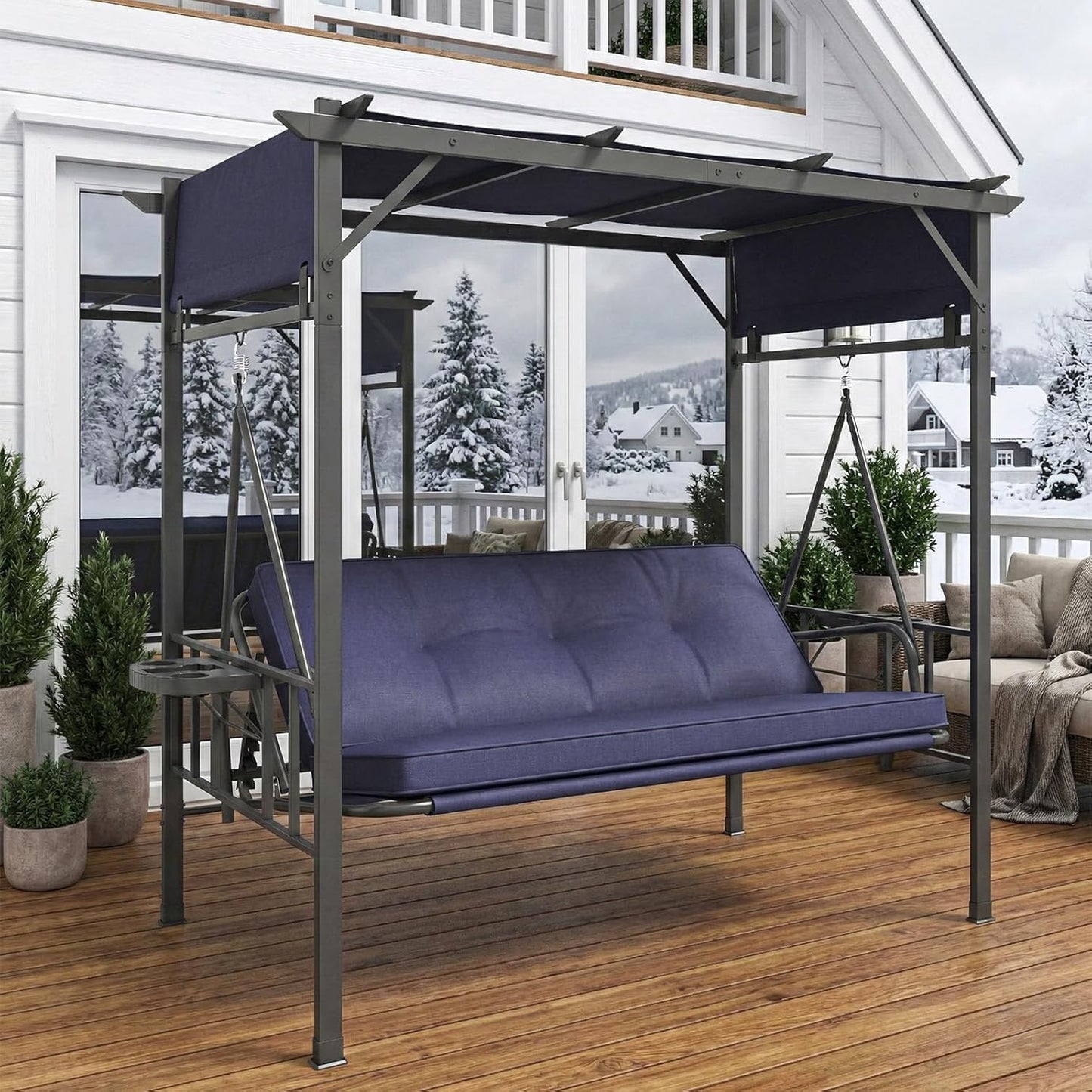 YODOLLA 2-in-1 Convertible Porch Swing Bed 3 Seat, Outdoor Patio Metal Pergola Swing