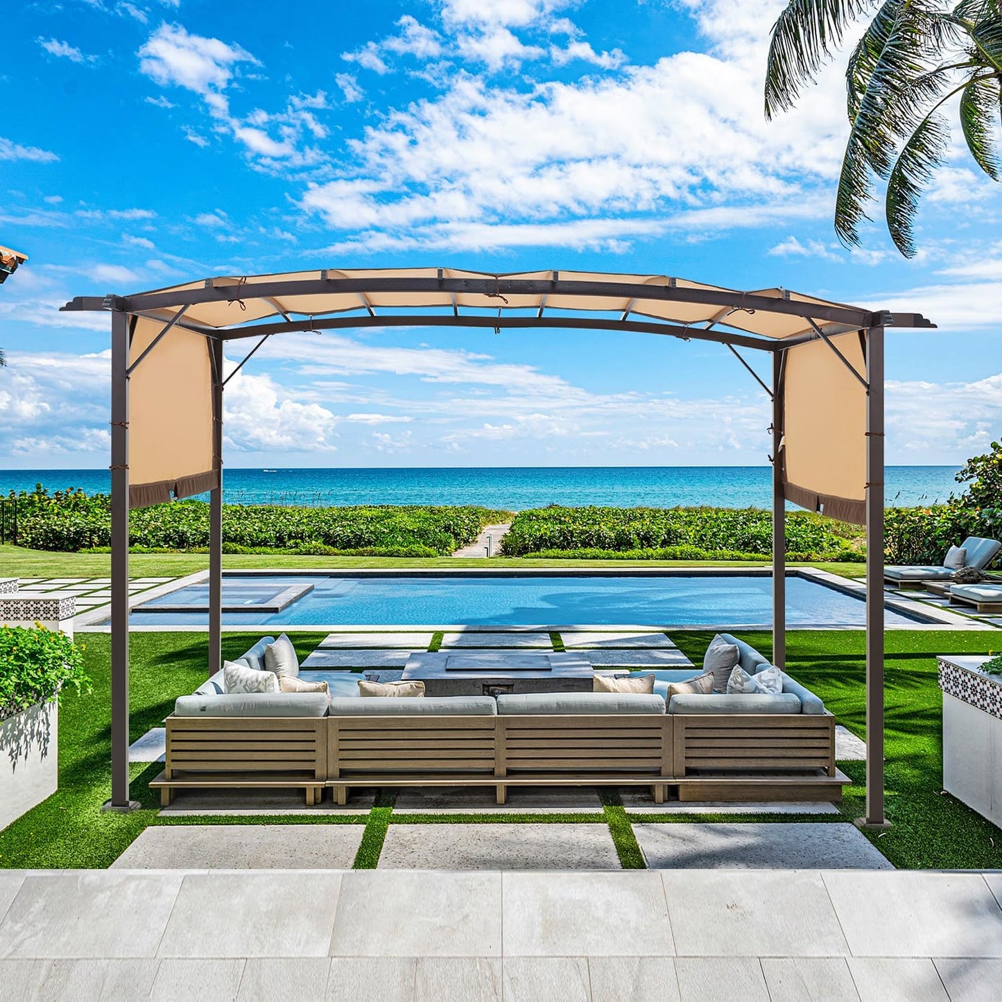 YODOLLA Metal 9' x 12' Outdoor Pergola and Gazebos, Beige