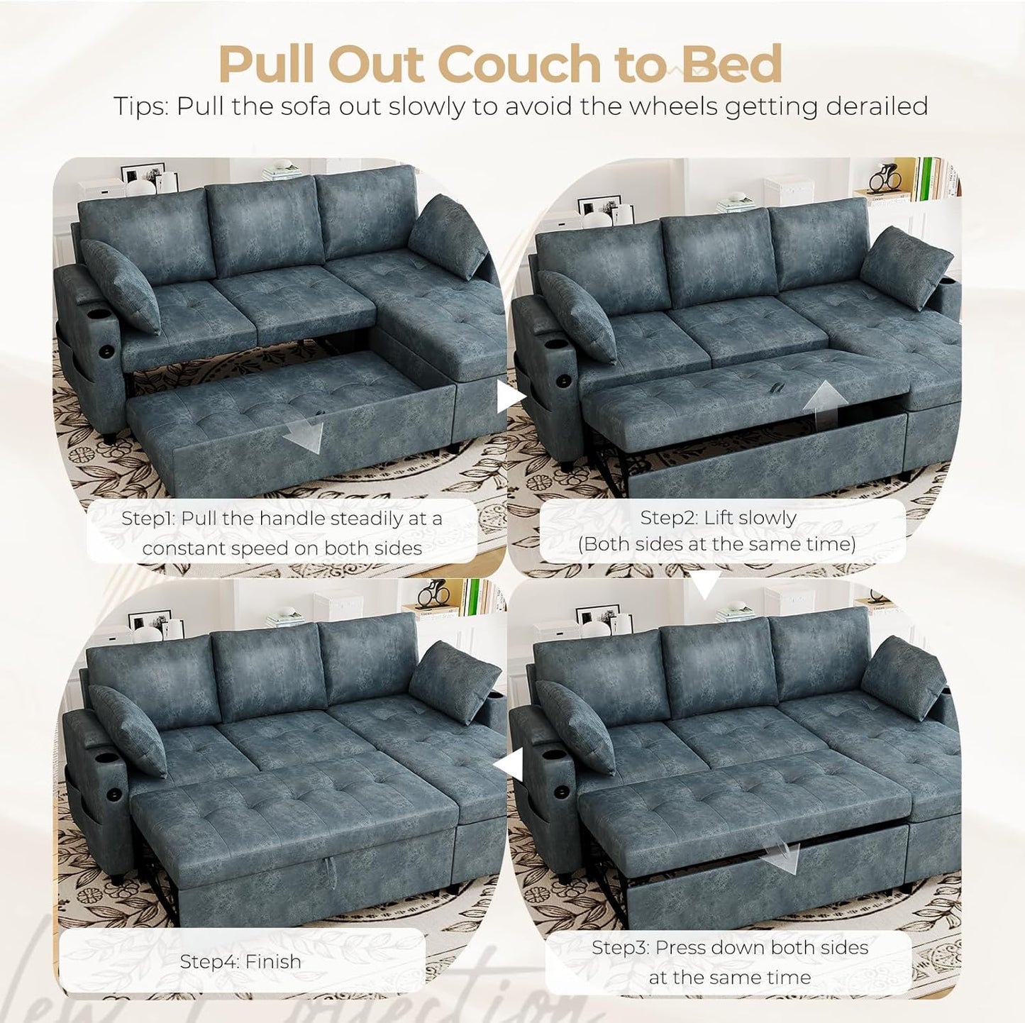 YODOLLA Faux Leather L-Shaped Sleeper Sofa, Pullout Bed, USB & Storage, Blue