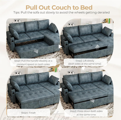 YODOLLA Faux Leather L-Shaped Sleeper Sofa, Pullout Bed, USB & Storage, Blue