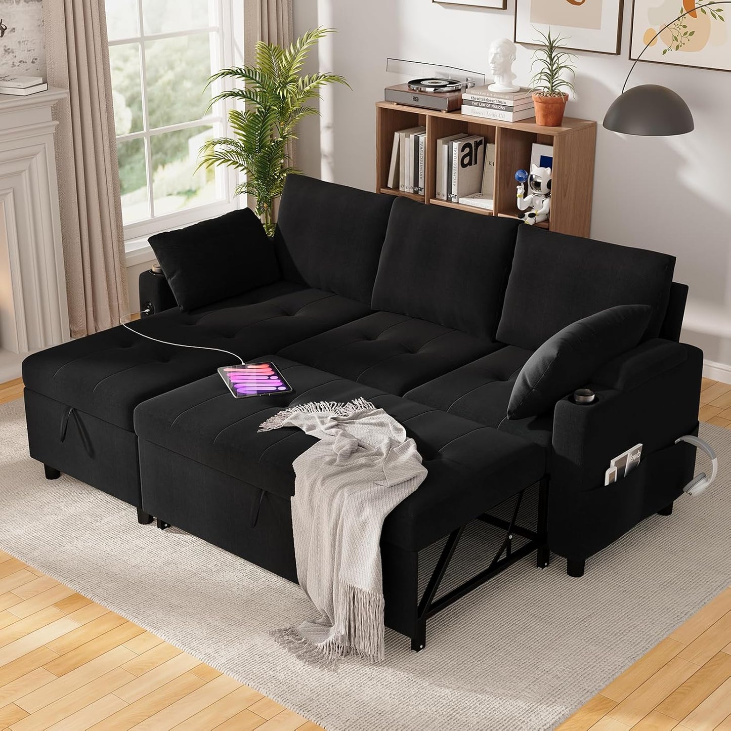YODOLLA L-Shaped Sleeper Sofa, Pullout Bed, USB & Storage, Black