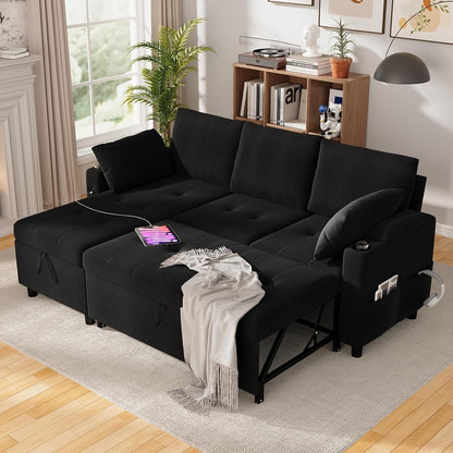 YODOLLA L-Shaped Sleeper Sofa, Pullout Bed, USB & Storage, Black