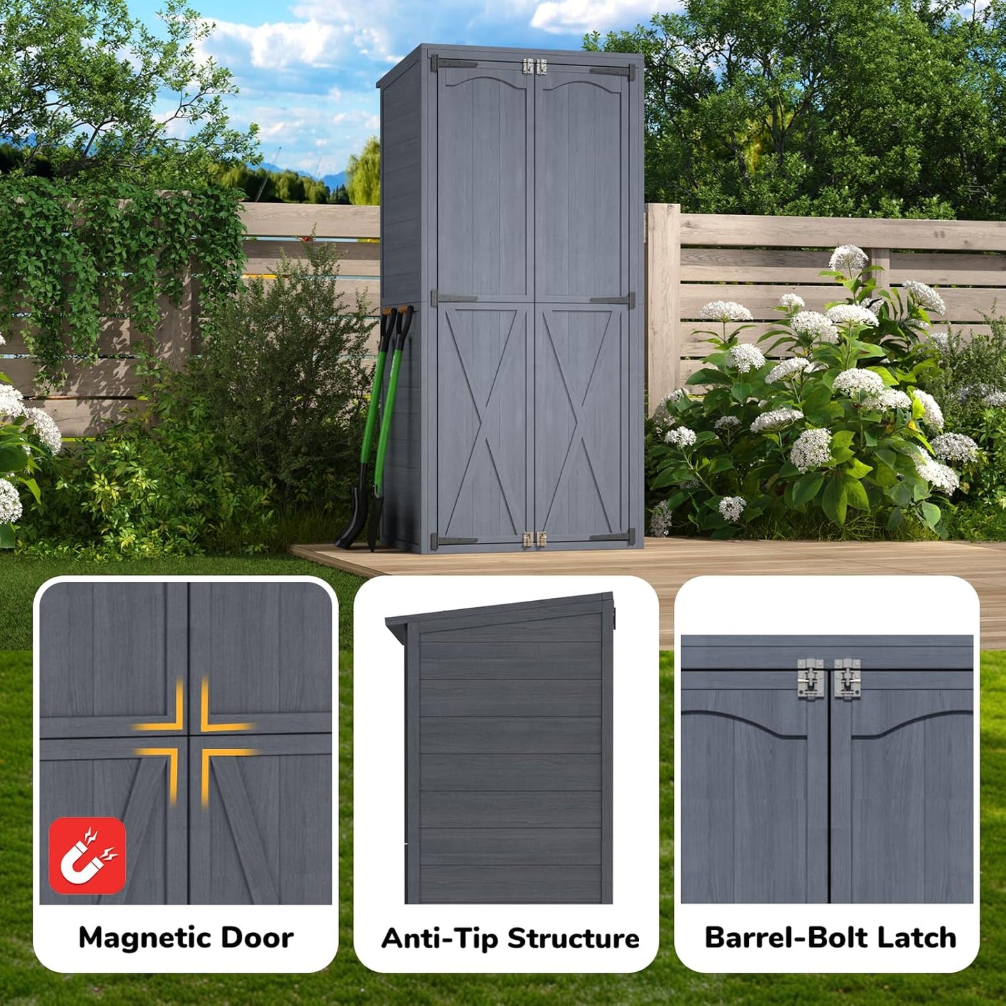 YODOLLA Wooden Storage Cabinet Garden Storage Shed with 3 Adjustable Shelves