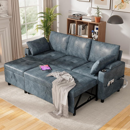 YODOLLA Faux Leather L-Shaped Sleeper Sofa, Pullout Bed, USB & Storage, Blue