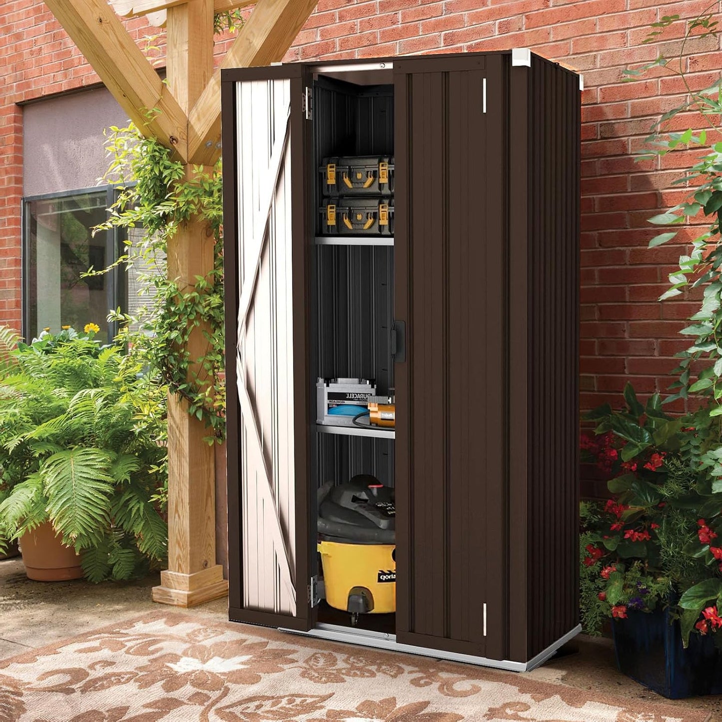 YODOLLA Outdoor Storage Cabinets with Shelves Metal Storage Cabinets Shed, Brown