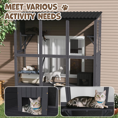 YODOLLA 67" Catio Window Cat Outdoor Enclosure Large Wood Cat House