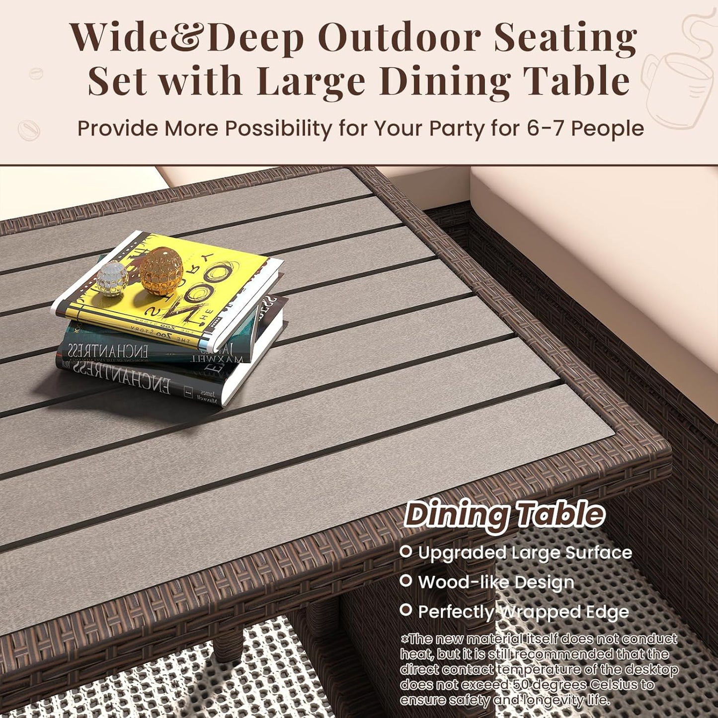 YODOLLA  7-Pc Patio Set, Brown Rattan & Khaki Cushions