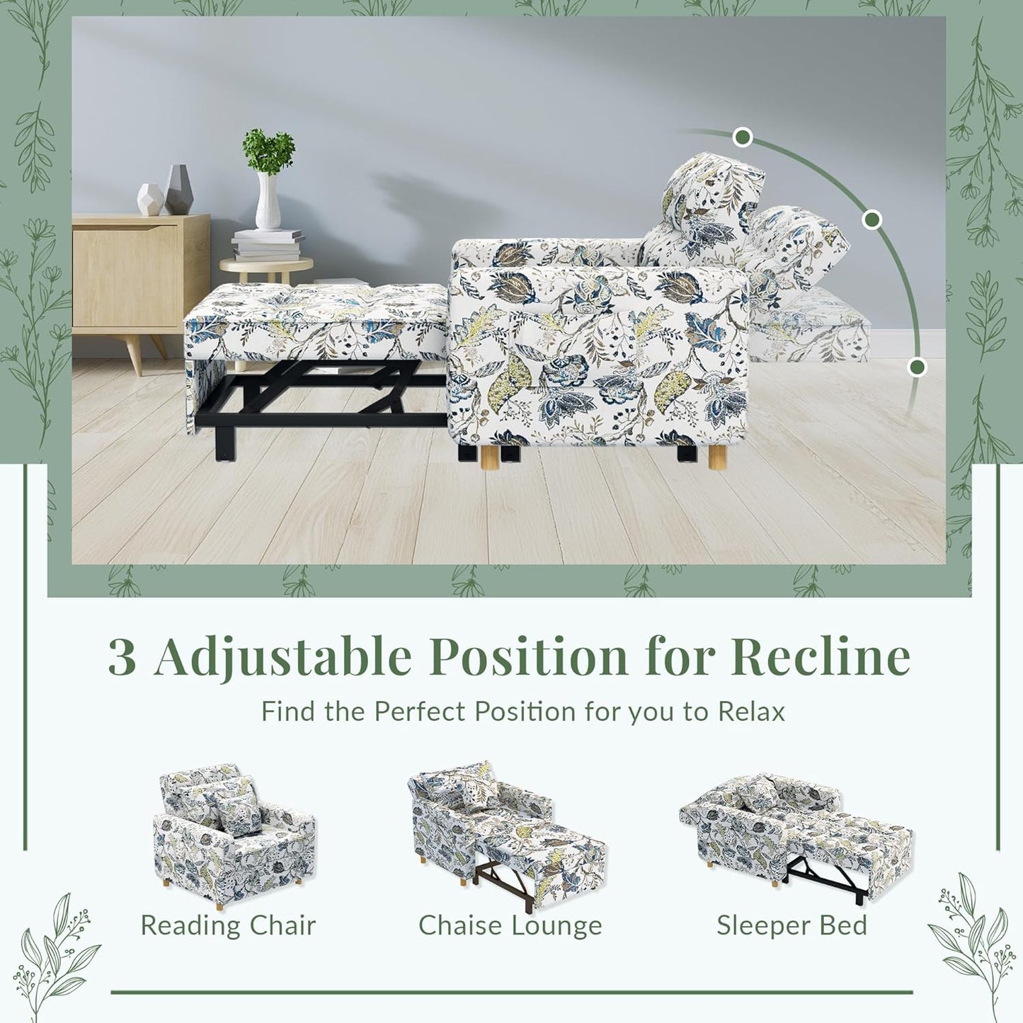 YODOLLA 3-1 Convertible Chair Bed Pull Out Single Sofa Bed, Floral