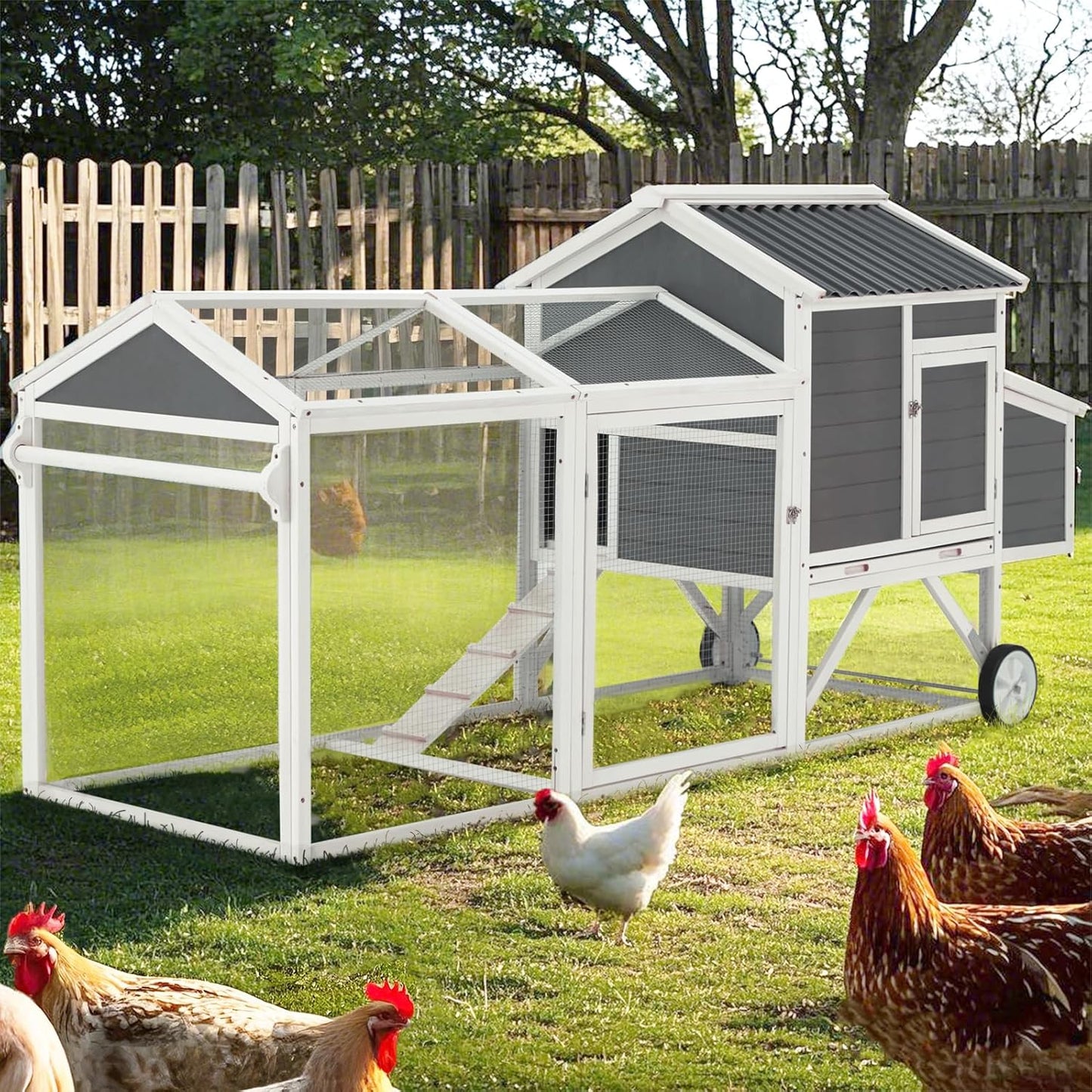 YODOLLA 95“ Wooden Chicken Coop Chicken Tractor Hen House, Natural Wood
