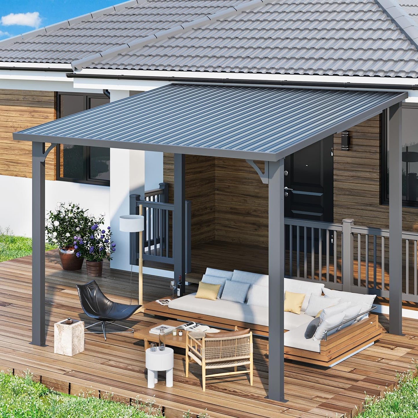 YODOLLA Pergola 10'x8' Hardtop Wall-Mounted Lean to Gazebo for Patio, Dark Grey